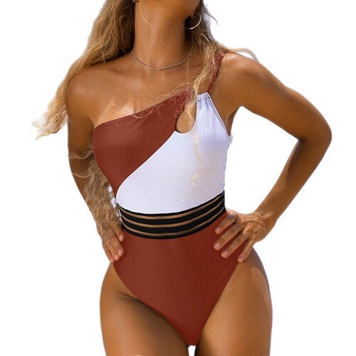 European and American one-piece bikini swimsuit, contrasting color patchwork, fashionable and sexy swimwear with a single shoulder.