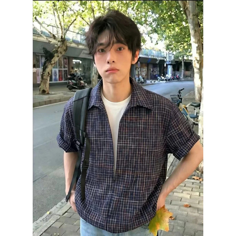 Online Image: Fake Two-Piece V-Neck Bubble Plaid Shirt with Elastic Hem and Half Sleeves for Men H1210 Special 533