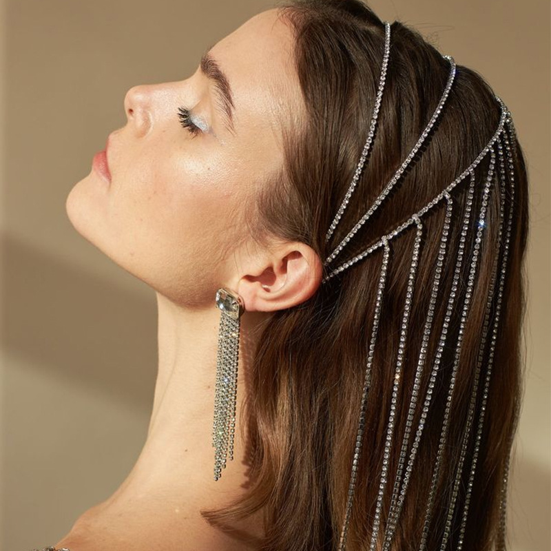 Temperamento europeo y americano de perforación de flash multicapa de alta sensación de diamante bordilla trenzada cadena de cabello accesorios de novia banda de cabeza