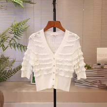 生产中】卓雅法式24夏季新款小香风设计感波纹V领短袖开衫针织衫