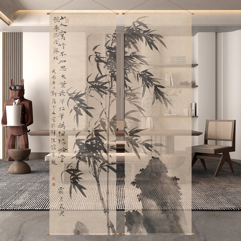 Calligraphy and Painting Collection Semi-Transparent Gauze Hanging Cloth Shop Decoration Long Curtain Teahouse Courtyard Layout Calligraphy Gauze Door Curtain