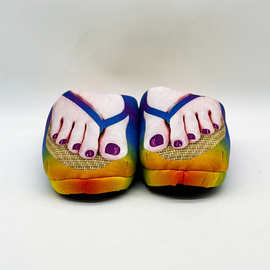 秋冬3D人字拖印花脚趾毛绒拖鞋家居室内防滑木地板鞋情侣保暖棉拖