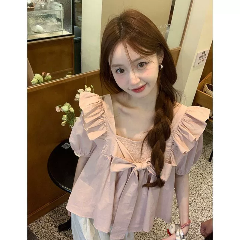 Французская милая рубашка с квадратным воротником и маленькими летящими рукавами, летняя женская новая абрикосовая юбка, кукольный топ