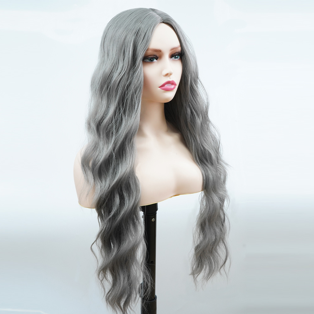 Perruque de cheveux synthétiques couvre-tête gris eau courbe naturelle vague lâche longue perruque de cheveux bouclés_voghion.com