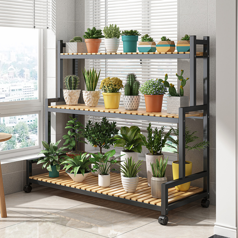 Soporte de flores móvil, balcón interior, sala de estar, estante de plantas de madera, estante de macetas escalonado, estante de flores para macetas de carne