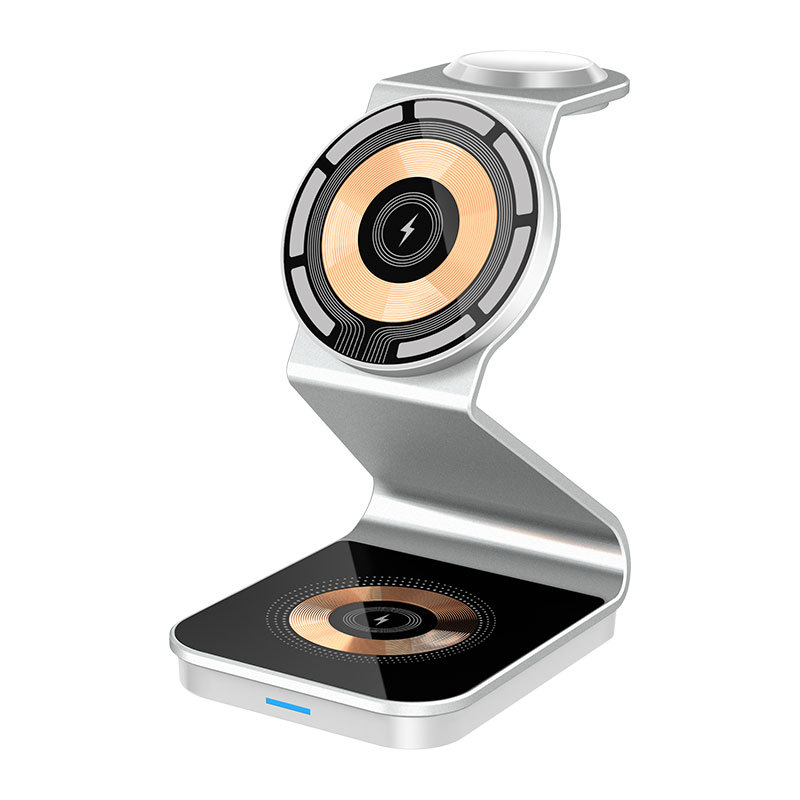 Nuevo soporte vertical transparente magnético 15w del teléfono móvil de la aleación de aluminio del cargador inalámbrico tres-en-uno popular ayuna carga