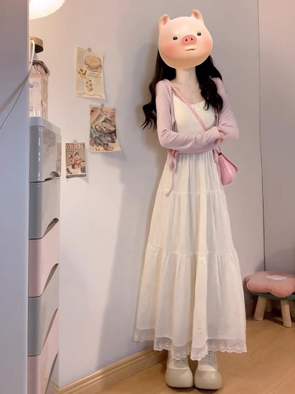 小个子白色吊带连衣裙子女秋季2025新款温柔法式初恋气质蕾丝长裙|undefined