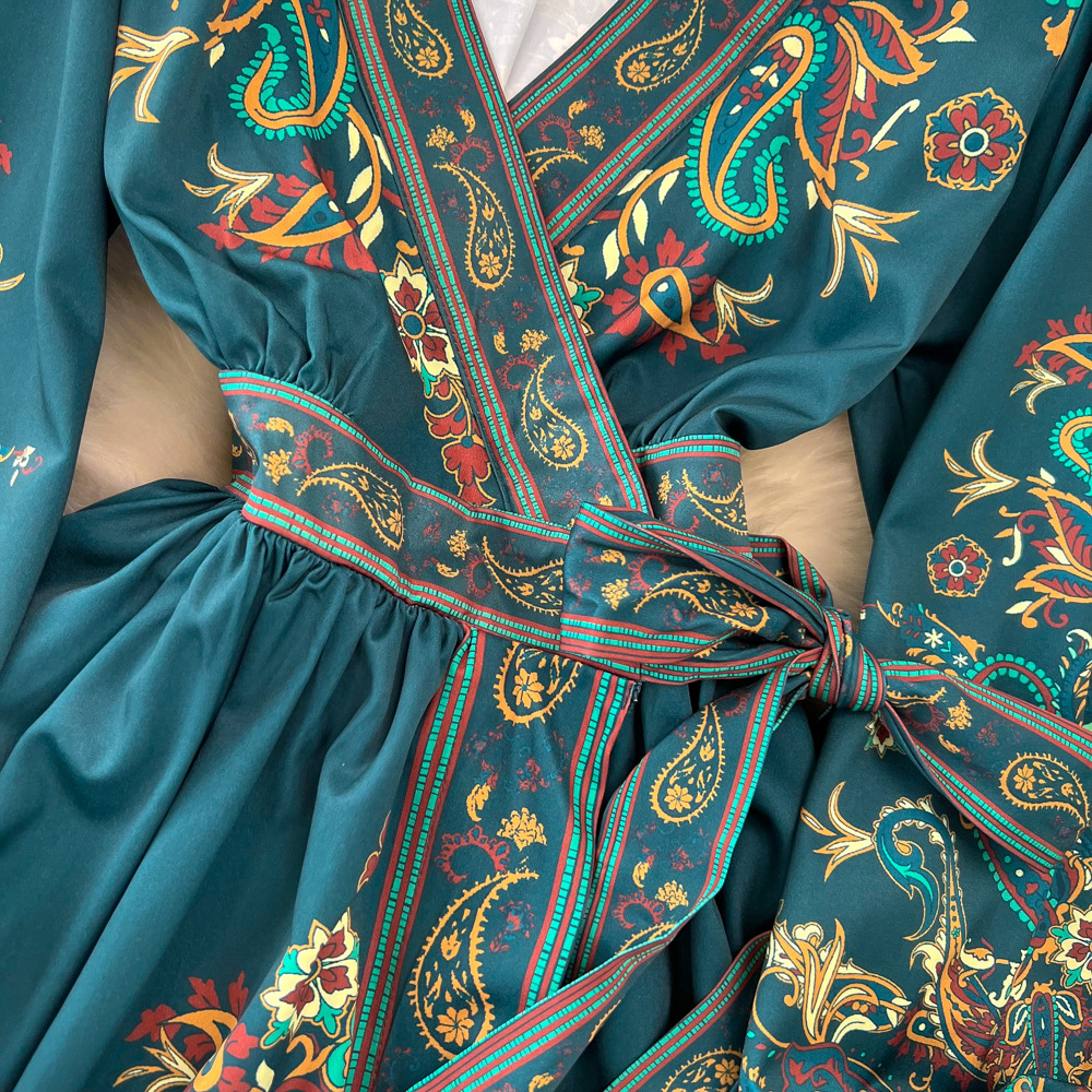Retro Court Style Lantern Dress Long Sleeved V Neck Belted a Line Printed Elegant Full Skirt for Women_ecoleips.com