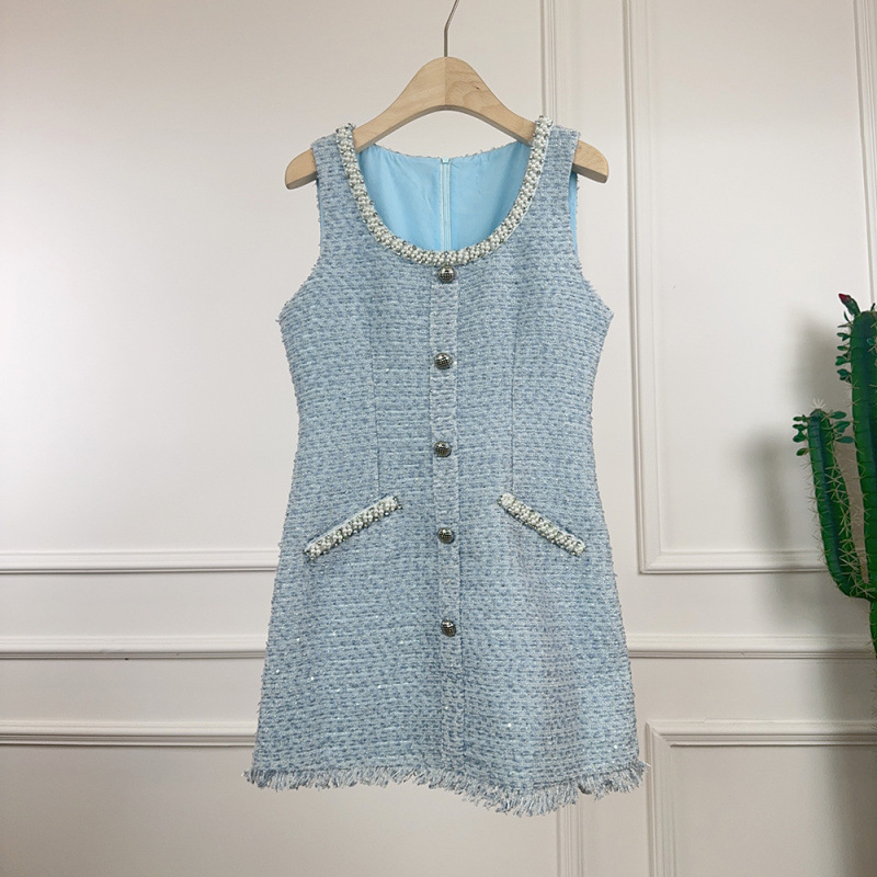 2025 New Summer Style French Style Tweed Pearl-Encrusted Diamond Ladylike Elegant Slimming Look Dress for Women