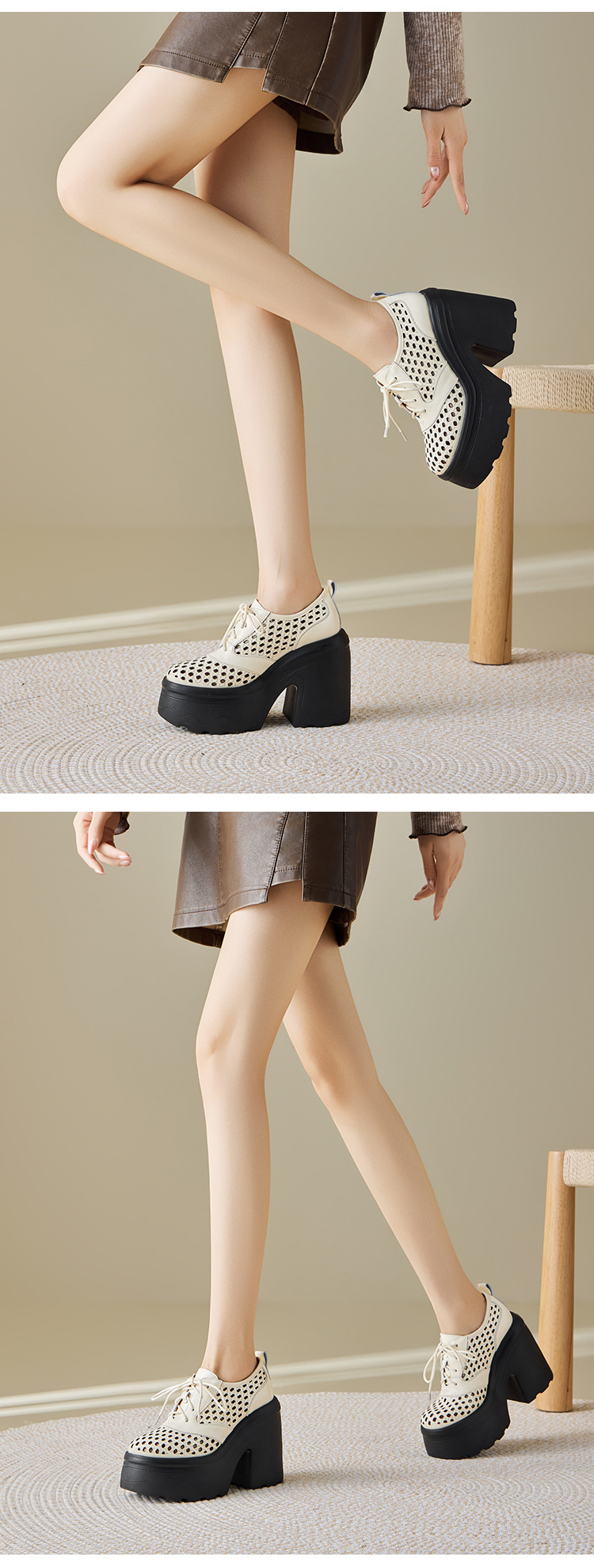 Giày loafer nữ gót cao đế xuồng platform da bò thật, phong cách hở mũi buộc dây thoáng khí — màu đen, màu trắng, màu đỏ chi tiết 11