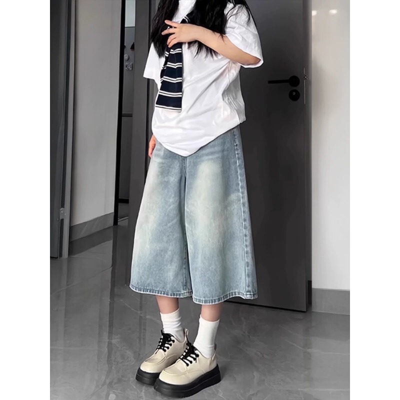 Blue Cropped Denim Shorts for Women, Summer Thin Style, High-Waisted, Tummy-Concealing, Slimming, Pear-Shaped Body, Wide-Leg Pants