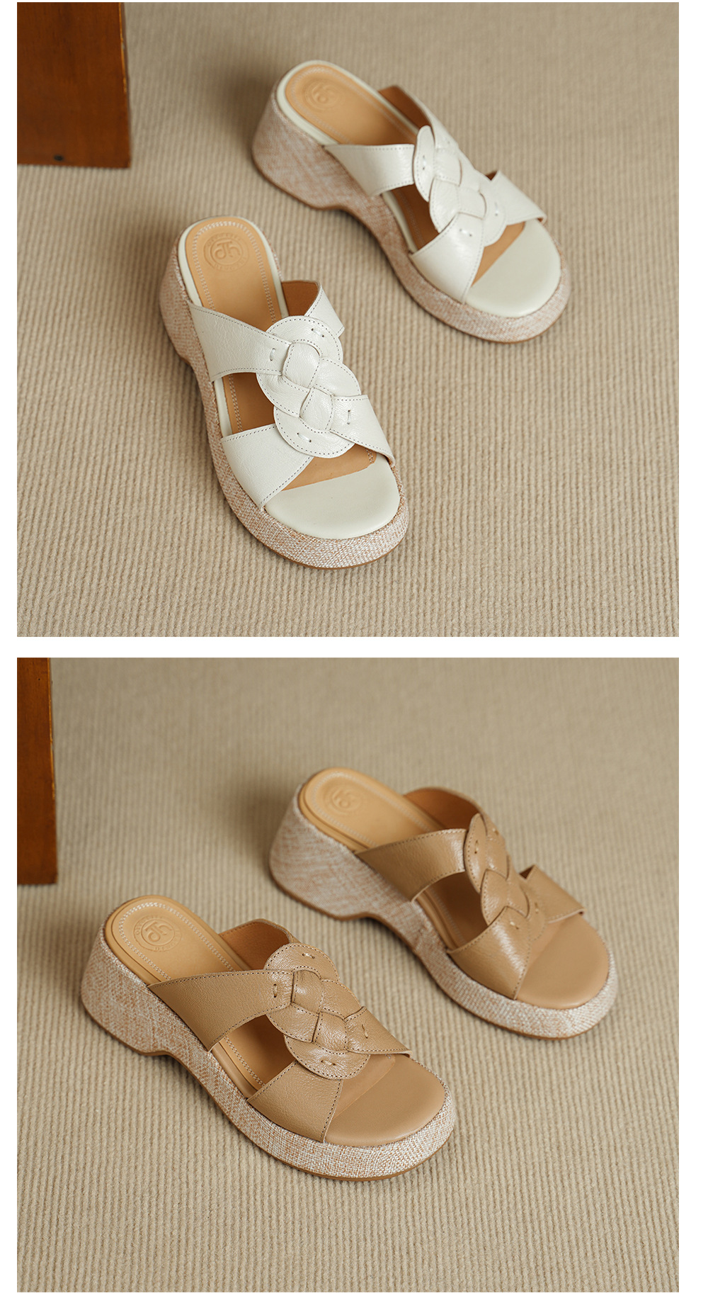 Sandal nữ da cừu gót xuồng hở mũi phong cách vintage — màu trắng ngà chi tiết 10