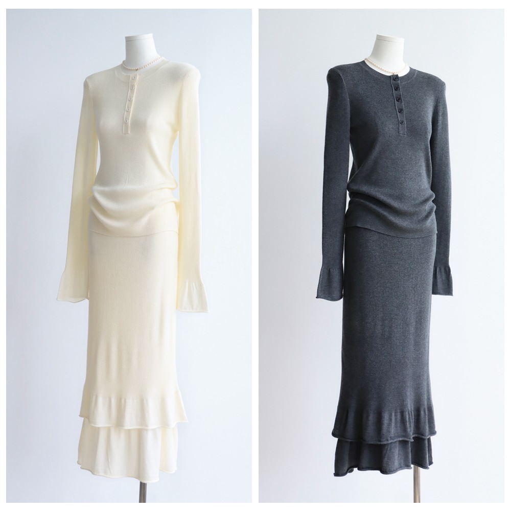 14针四平工艺两件套复古亨利领蛋糕袖/双层花边半裙羊毛针织套装