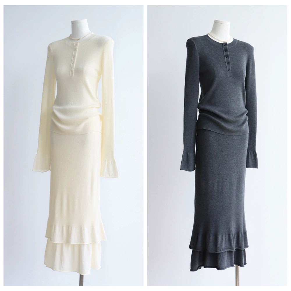 Комплект из 14 игл из четырех предметов в стиле ретро с воротником Генри и рукавами-торта/двойная кружевная юбка, шерстяной вязаный костюм