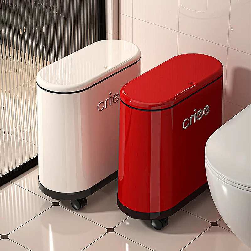 Covered Trash Can with Wheels, Movable, High-End, Light Luxury, Bathroom Press-Open Lid Trash Can