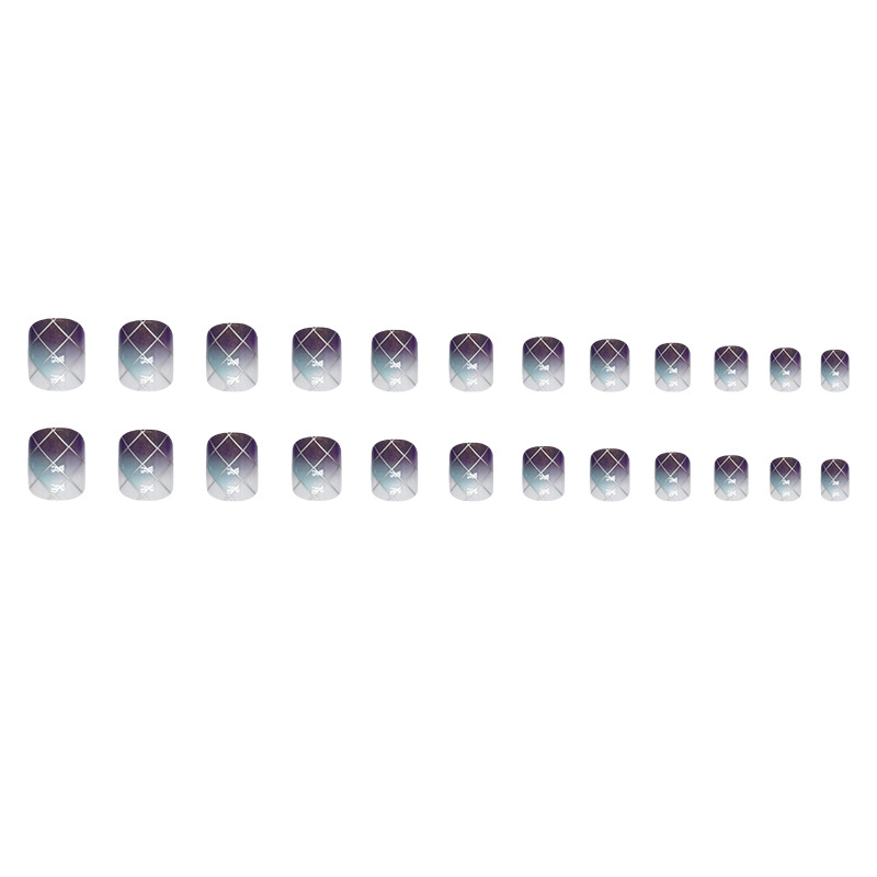 Purple Blue Halo Dyed Plaid False Nails Square Shape Press Ons_voghion.com