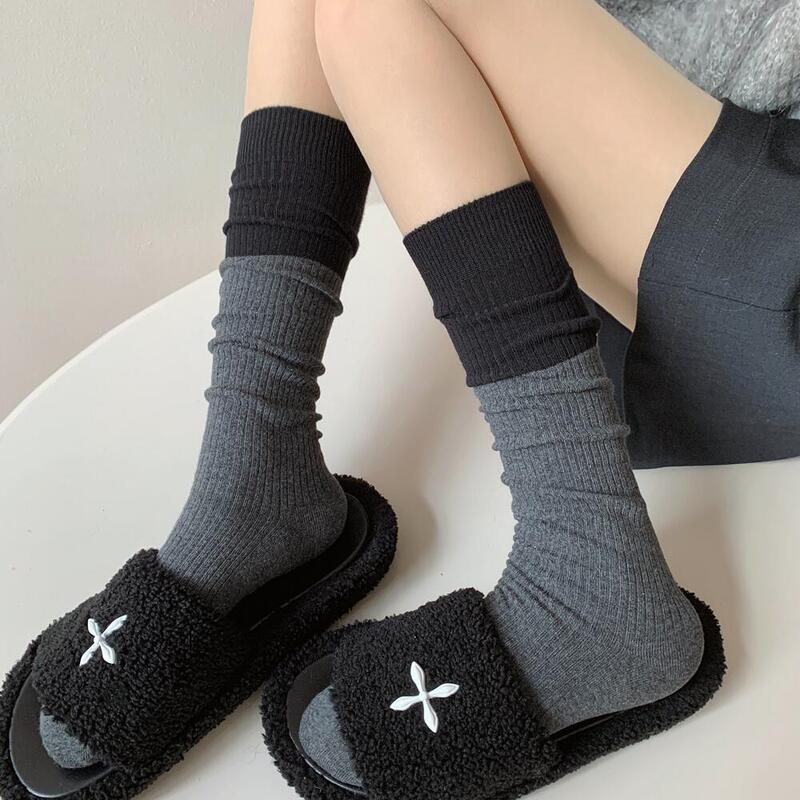 Korean color matching autumn and winter gray calf socks striped brown socks stitching black half knee-high pile socks