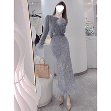 秋冬装搭配一整套小洋装高级感富家千金韩剧小香风亮片羽毛套装裙