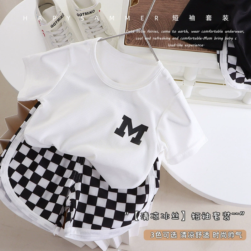 Летний Детский костюм-футболка, тонкие черно-белые парные шорты для мальчиков, мужская одежда в Корейском стиле, детская одежда, комплект из двух предметов с короткими рукавами