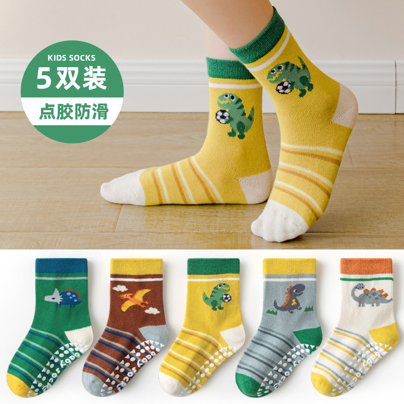 Calcetines de otoño e invierno para niños al por mayor calcetines de dibujos animados a rayas de cinco colores para niños medianos y grandes que dispensan calcetines de piso antideslizantes calcetines de algodón de 1 a 12 años