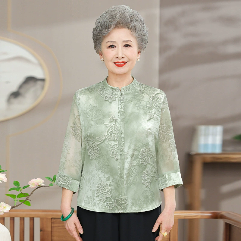 Весенняя рубашка бабушки, новый стиль, рубашка с круглым вырезом для пожилых женщин, женская летняя одежда с рукавом девять четвертей