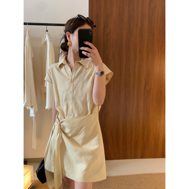 T.G-French-Style Elegant Small Flutter-Sleeve Faux Two-Piece Shirt Dress with Side Tie Wrap Waist and Skirt Overlay Shirt 26874