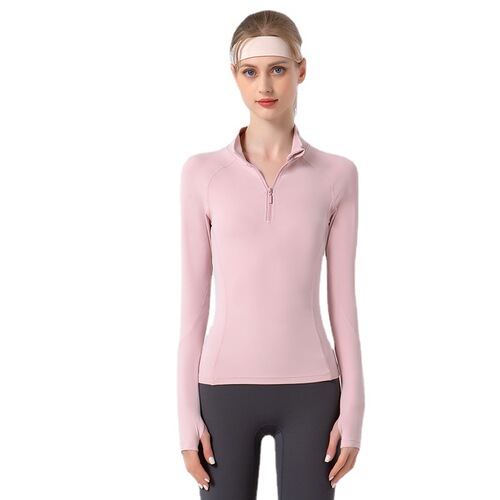 New women's half-zip stand-up collar sports top: slimming, quick-drying design—perfect for fitness, running, training, and yoga with long sleeves.