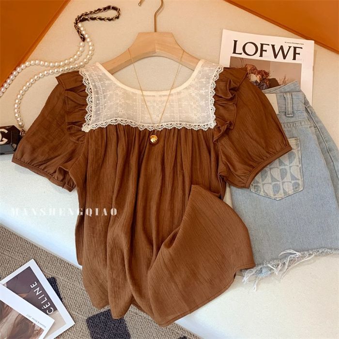 2026 Summer New Plus-Size Women's Lace Patchwork Ruffle Short-Sleeve Top for Summer
