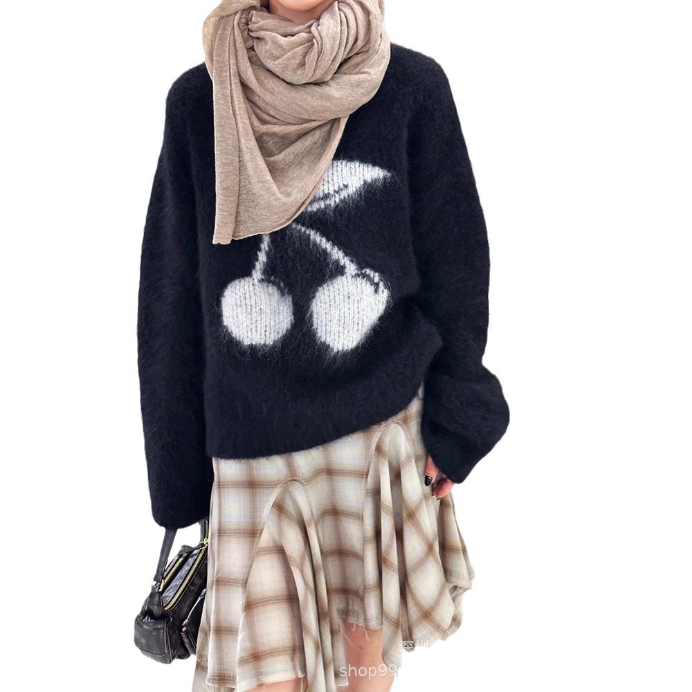 NANYOU 품질 따뜻한 마발 자카드 느슨한 둥근 목 게으른 스타일 체리 스웨터 새로운 24 가을 겨울 스웨터