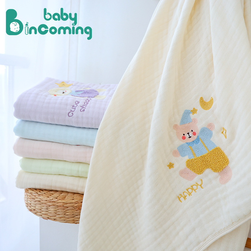 Gauze Bath Towel 6-Layer Embroidered Blanket Autumn and Winter Water-Absorbent Newborn Thickeneded Category a Bamboo Cotton Blanket Baby Bath Towel