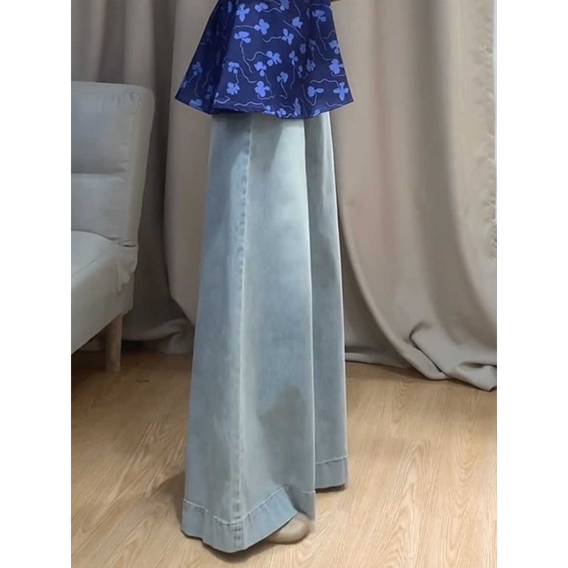 ハイウエストのワイドレギンスのズボンのジーパンの女性の新型の春の紺色のゆったりしている大きいズボンのレギンスのスピーカーは地のズボンのズボンのズボンを引きずる|undefined