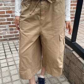 BM风 新款美式工装松紧腰卡其色多口袋中裤女bm宽松七分裤休闲裤