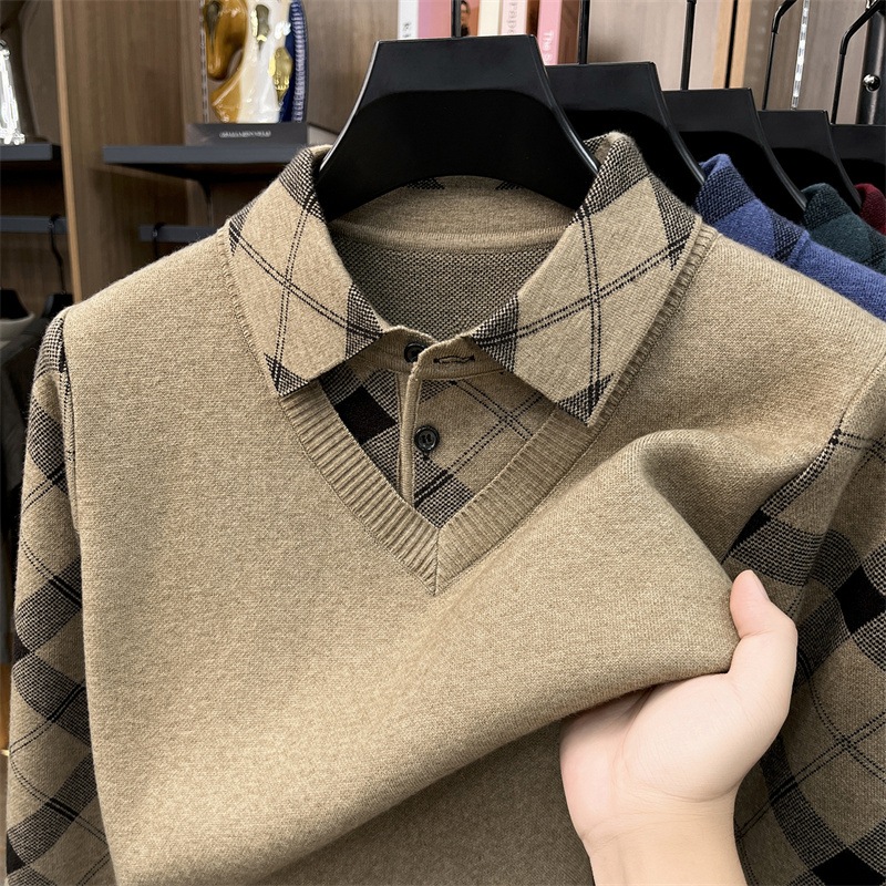 2026 New Autumn and Winter Warm Two-in-One Knit Shirt for Middle-Aged and Elderly Men, with Turn-Down Collar and Plaid Pattern