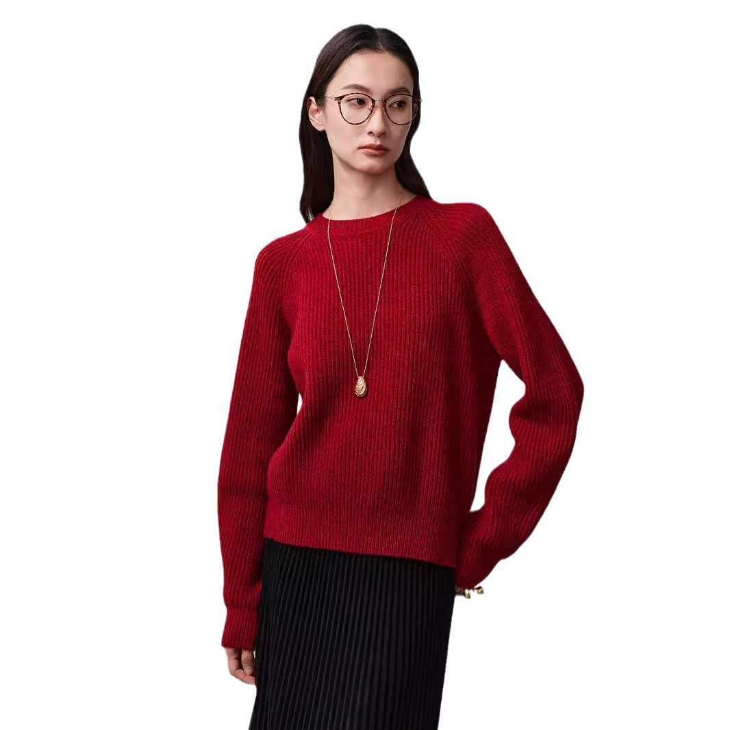 Red short woolen knitted sweater with a round collar