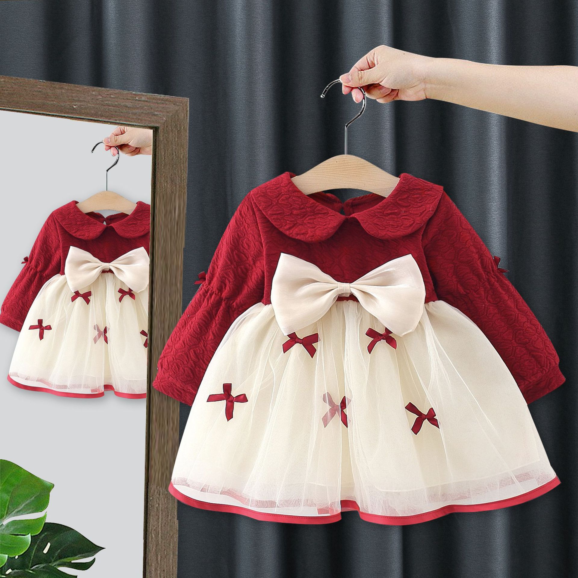 Children's clothing 2024 autumn new girls dress girls big bow children long sleeve sweet mesh skirt 4870