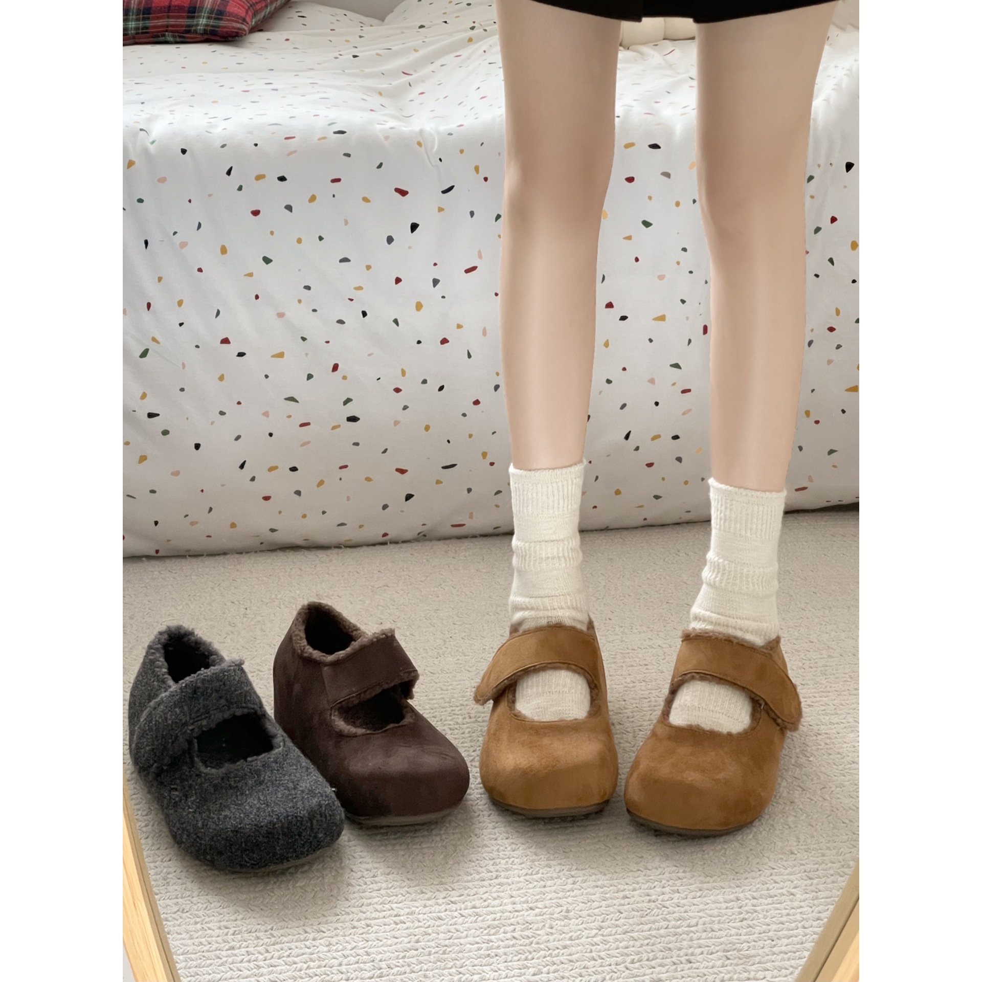 灰色加绒保暖增高厚底勃肯鞋女2025新款冬季加厚玛丽珍毛毛棉鞋子