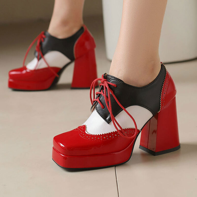 Color matching square head water table thick heel shoes European and American style lace-up plus size women's shoes foreign trade 855