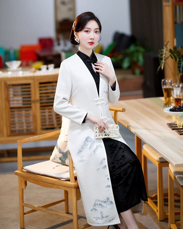 2022 Autumn/Winter New Improved Three-Quarter Sleeve Long Cheongsam Outerwear Women's Dress 3110 Three-Dimensional Printing