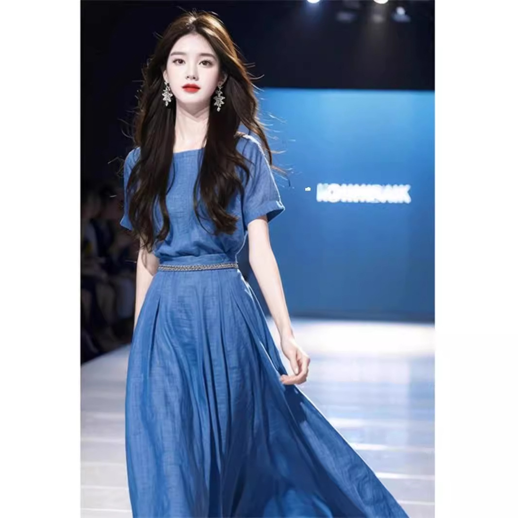 Đầm maxi nữ thắt eo màu xanh thanh lịch mùa hè — Màu xanh lam