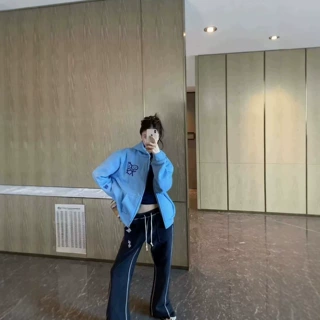 爆韩国小众火柴人刺绣加绒卫衣女宽松慵懒风连帽拉链开衫休闲外套