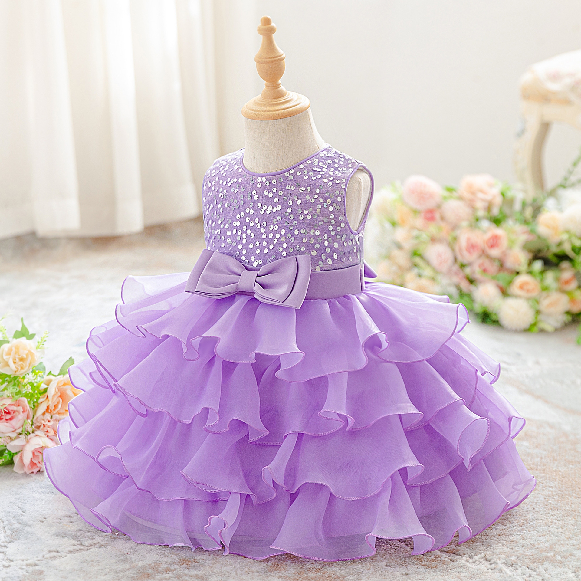 Vestido de niña de nuevo estilo, vestido de princesa sin mangas con lentejuelas, vestido de encaje, vestido de flores para boda