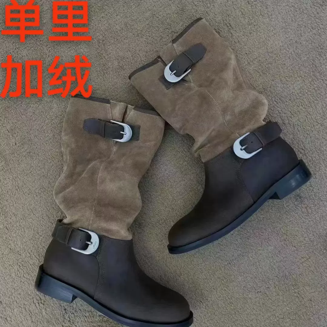 董洁同款长筒拼接堆堆靴麂皮圆头中筒靴子春秋新款两穿骑士靴子女