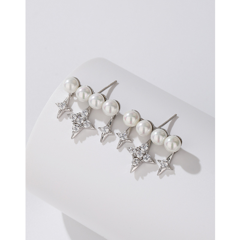 925 pendientes de perlas de plata esterlina Luz de lujo de alto grado de la vendimia borla diamante completo cuatro Awn estrella pendientes nicho de la joyería del oído