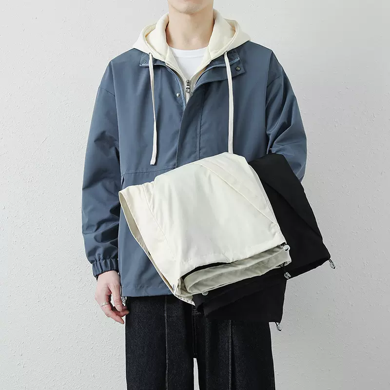假两件夹克外套男春秋季新款美式潮牌宽松百搭纯色休闲冲锋衣男装