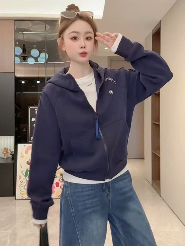 韩系慵懒风连帽卫衣女2025秋新款拉链开衫宽松显瘦小个子百搭外套|undefined