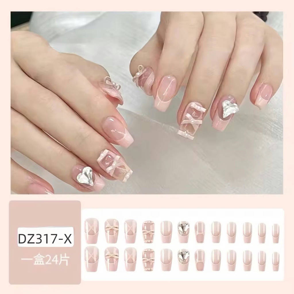 Estilo ins desgaste corto de uñas zapatos de ballet Rosa manicura francesa pieza de uñas amor vidrio parche de uñas de diamante grande