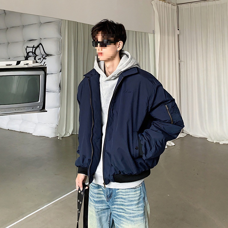 藏青色飞行员夹克棉服男女同款痞帅风外套美式复古高街潮牌棒球服|undefined