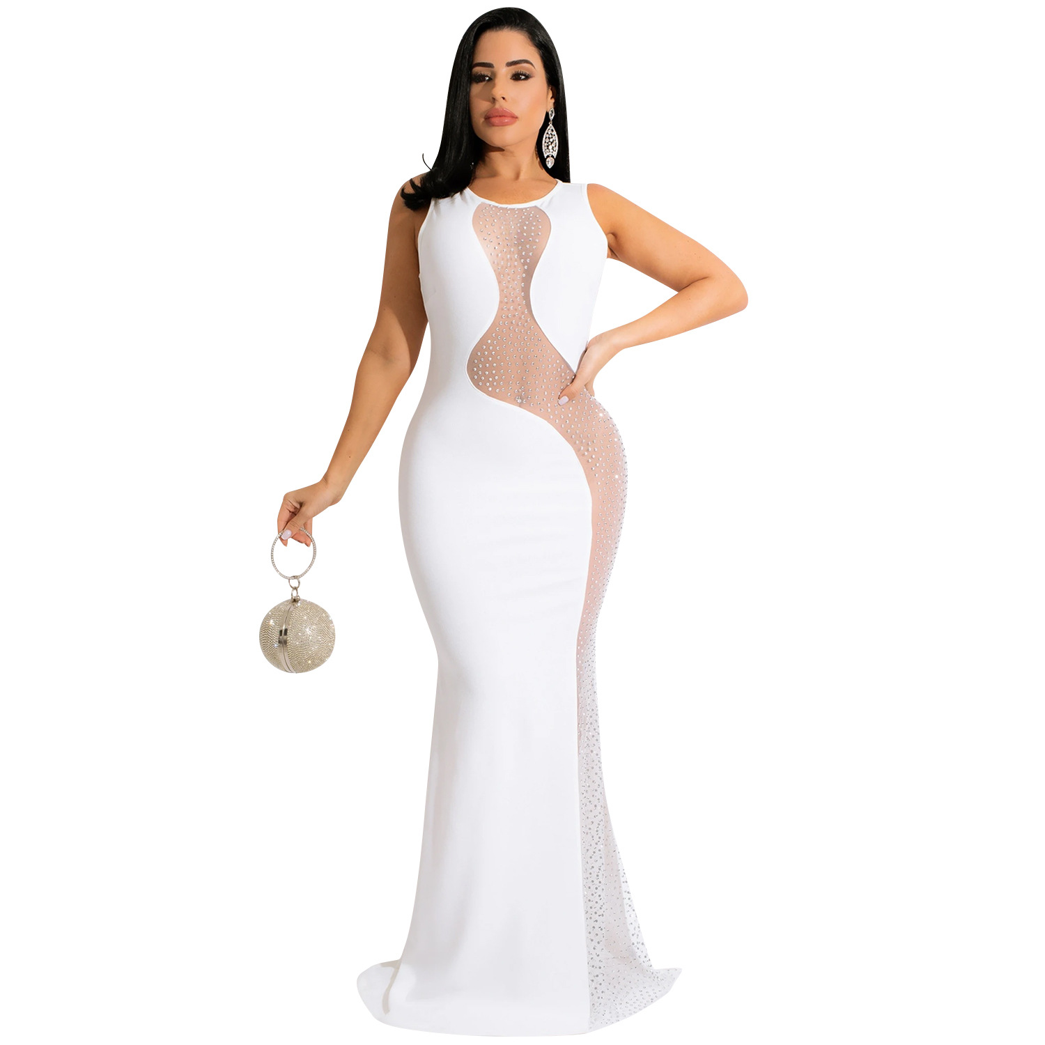 X5580 AliExpress Amazon discoteca estilo sexy rhinestone malla transparente sin mangas backless vestido de las mujeres