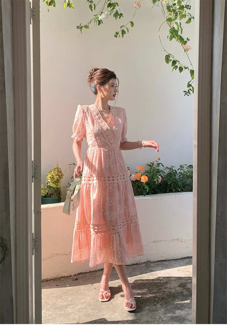 Đầm maxi nữ tay bồng ren hoa V cut-out phong cách Pháp cung đình — xanh lam, màu hồng, màu mơ chi tiết 44