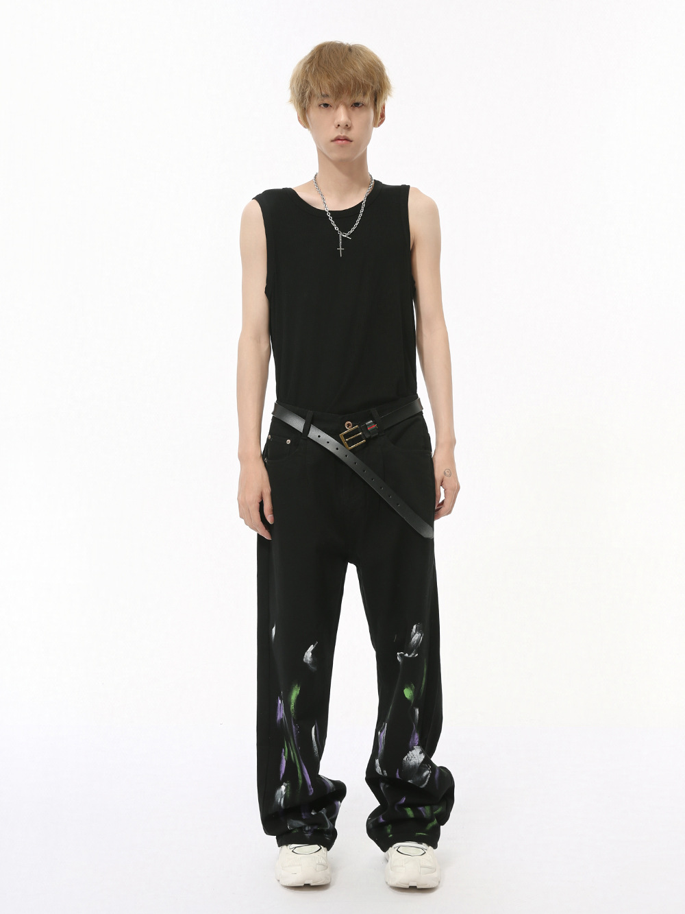 MTLCLOTHES Hombres| Nicho de otoño pintado graffiti color contraste sensación de diseño de algodón jeans de pierna ancha casuales